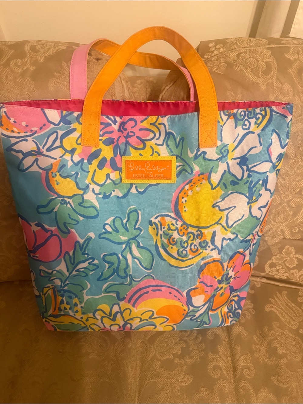 Lilly Pulitzer Blue Floral & Citrus Print Tote with Yellow Handles